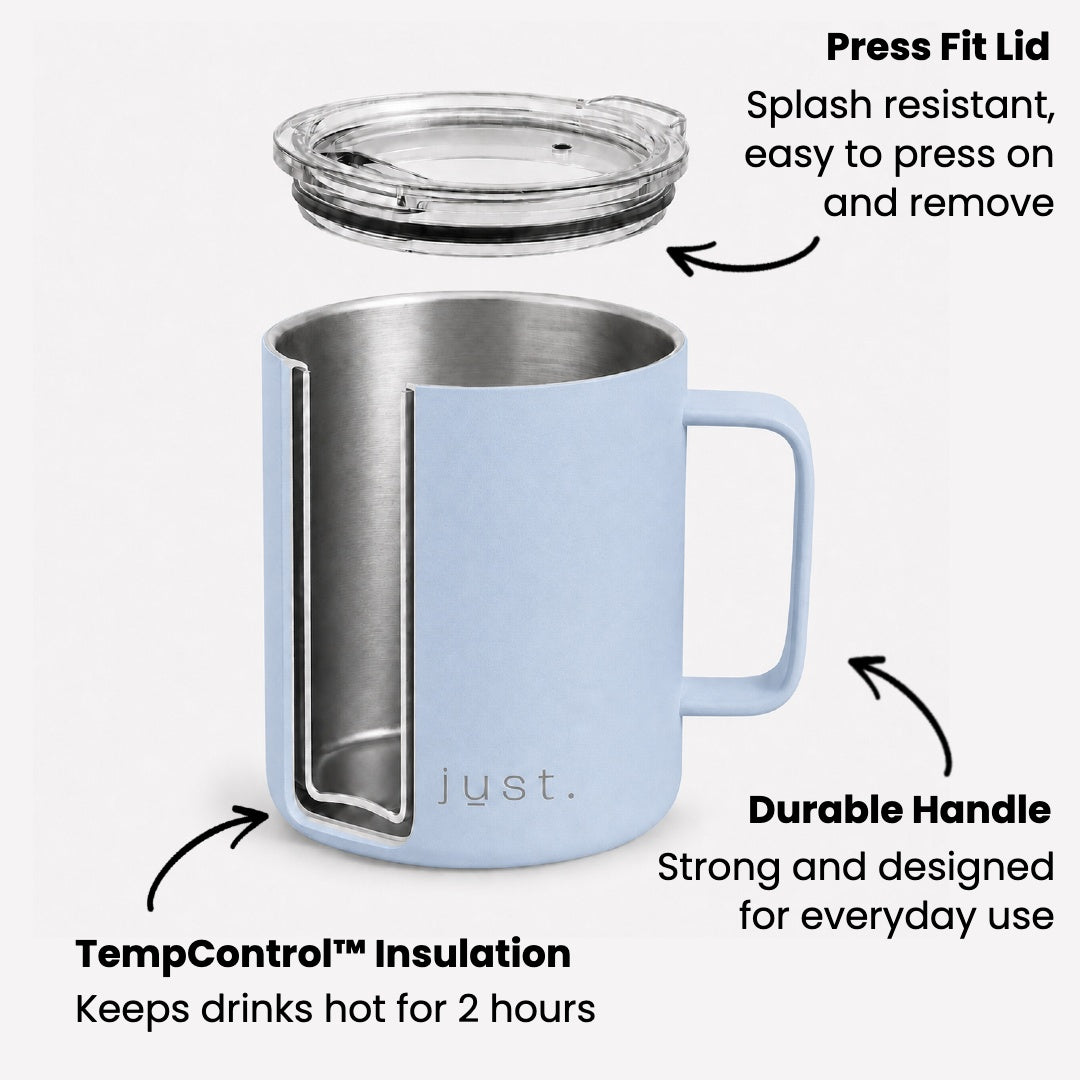 Infographic showing features of Just Bottles Campfire Mug in light blue