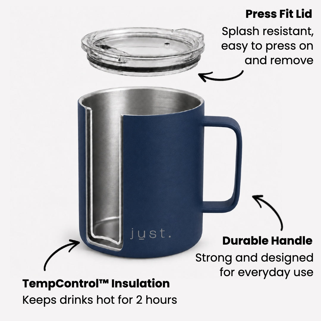 Infographic showing features of Just Bottles Campfire Mug in ocean blue