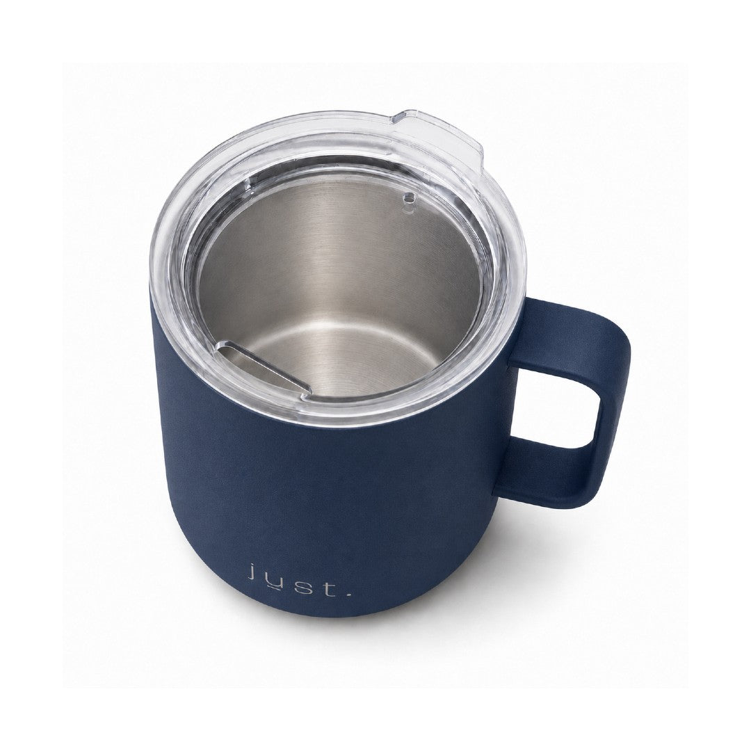 12oz (350ml) stainless steel camp mug in dark blue, top down view on a plain white background