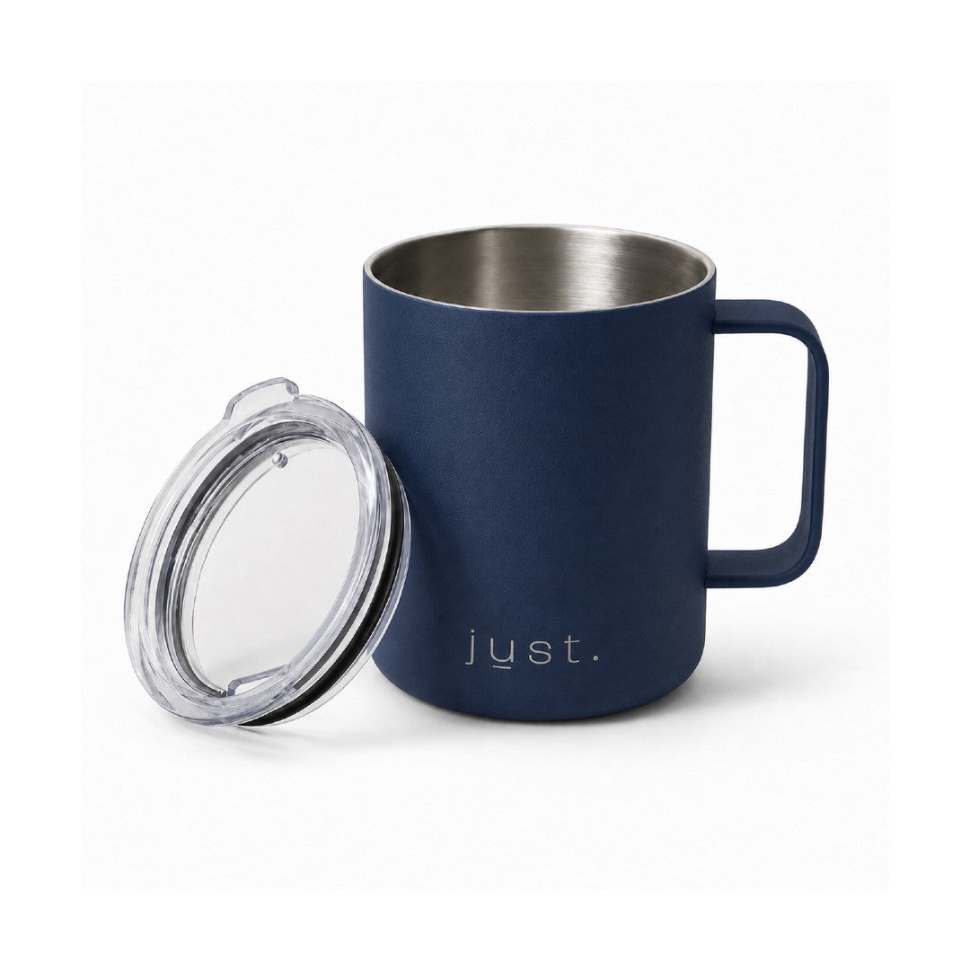 12oz (350ml) stainless steel camp mug in dark blue, front view on a plain white background with lid resting next to mug