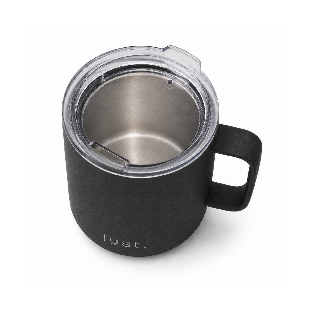 12oz (350ml) stainless steel camp mug in black, top down view on a plain white background