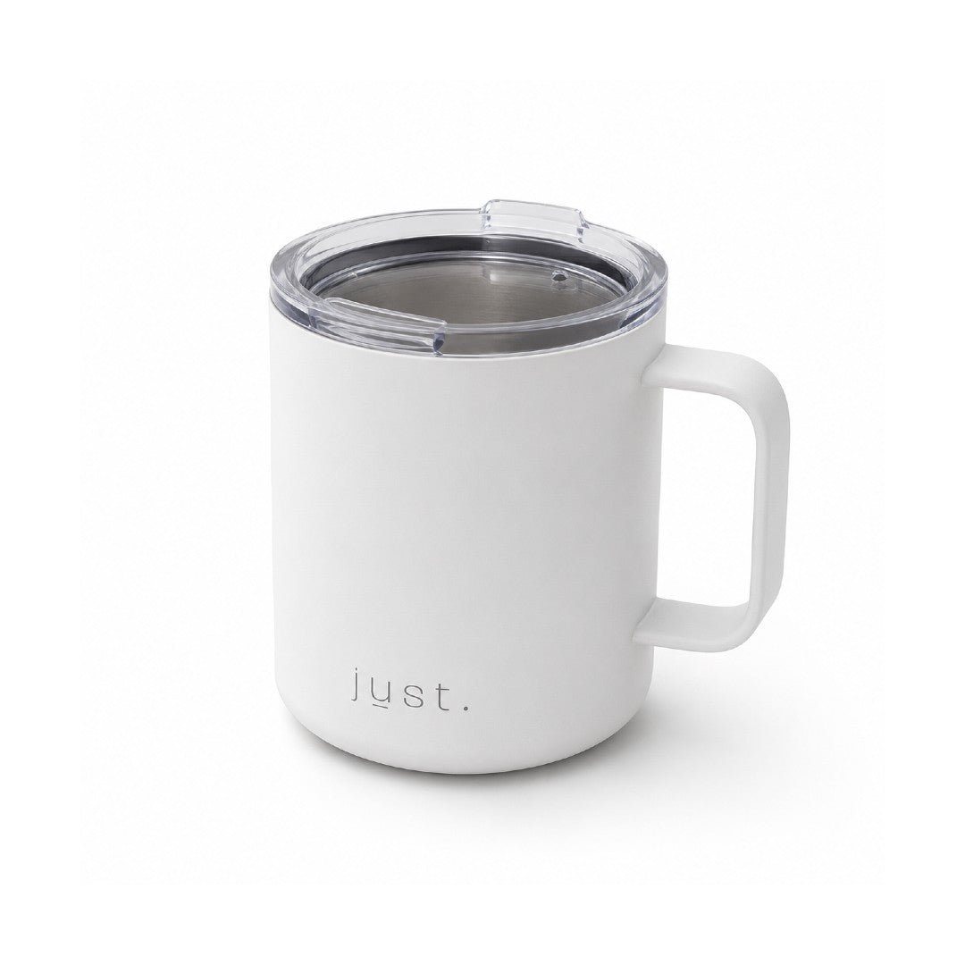12oz (350ml) stainless steel camp mug in white, side angle view on a plain white background