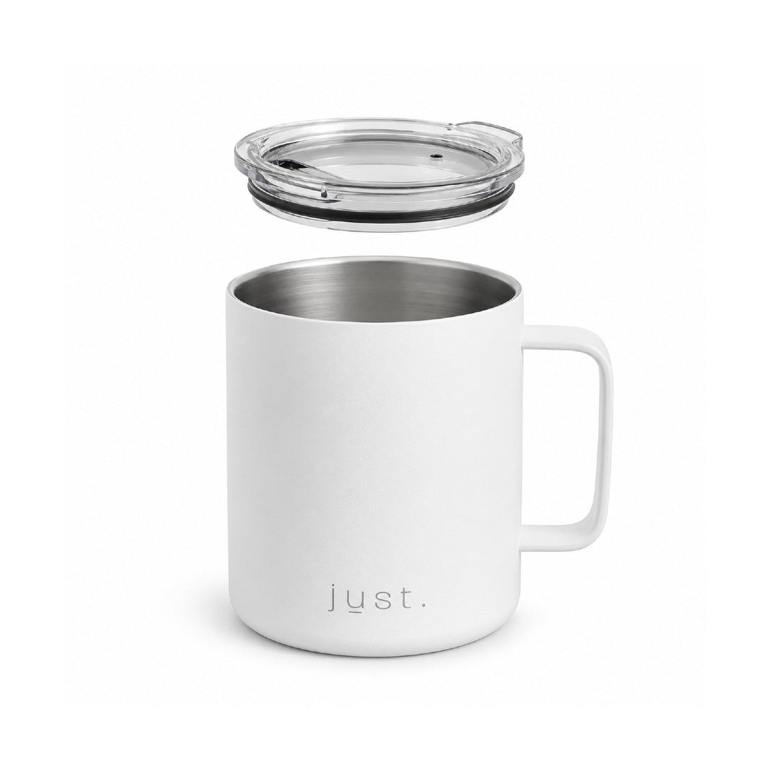 12oz (350ml) stainless steel camp mug in white, front view on a plain white background with lid hovering above the mug