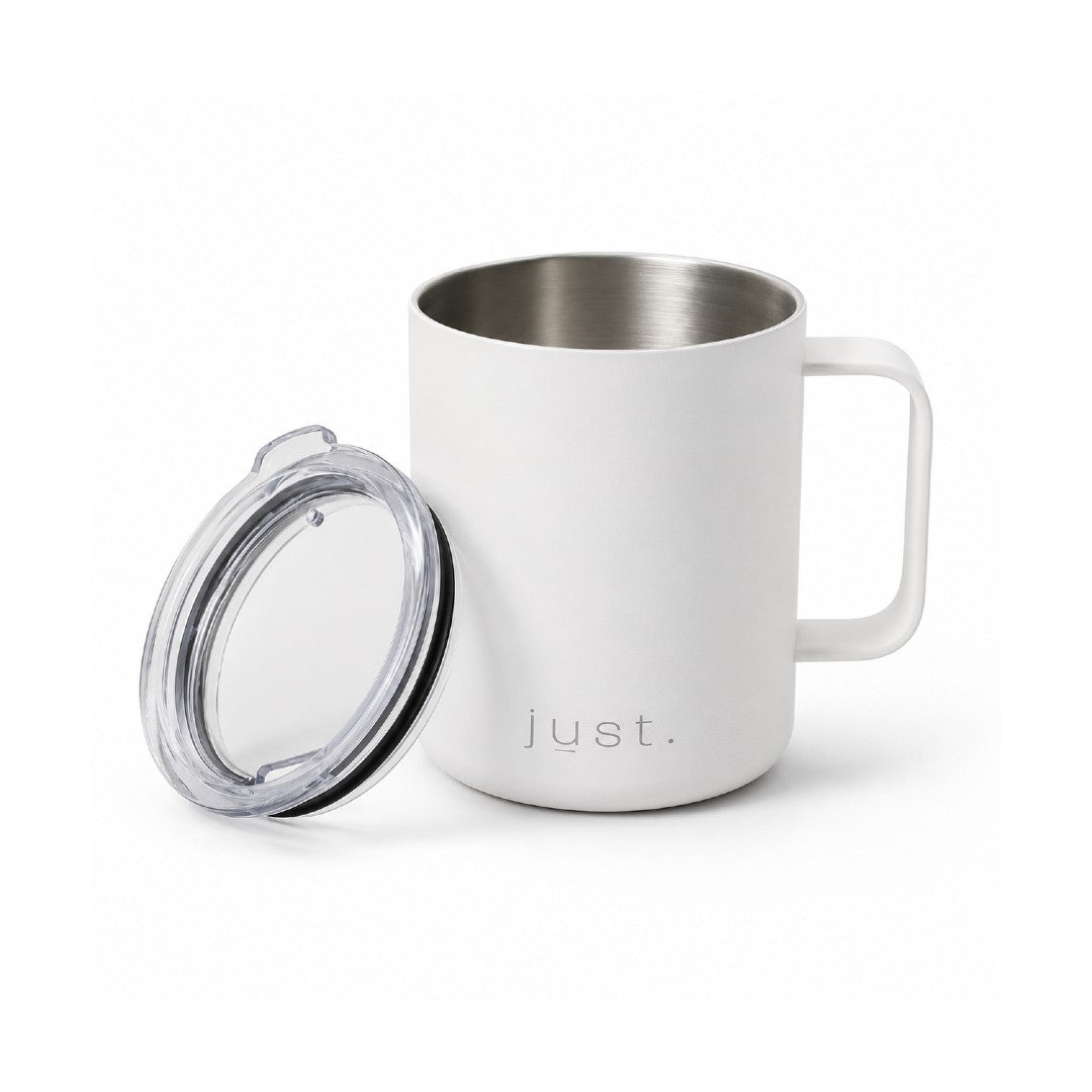 12oz (350ml) stainless steel camp mug in white, front view on a plain white background with lid resting on the mug