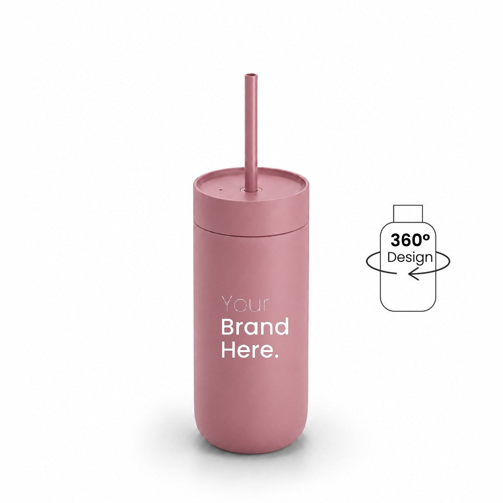 Dark pink 500ml 16oz Custom logo  "Your brand here" stainless steel tumbler with straw, front view on a white background