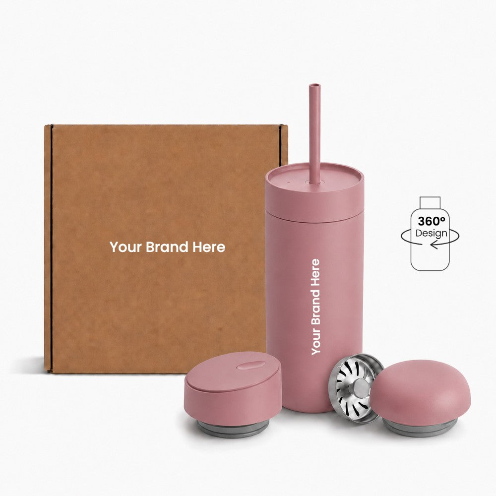 Just Bottle all day tumbler 3 in 1 gift set with custom logo branding in dark pink colour, front view with packaging behind on a white background and 360 wrap print icon