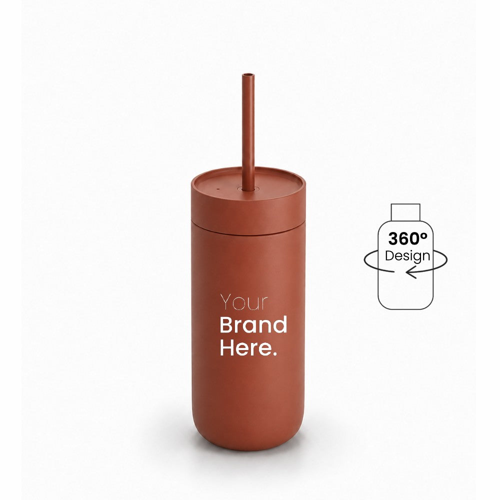 Bronze brown 500ml 16oz Custom logo  "Your brand here" stainless steel tumbler with straw, front view on a white background