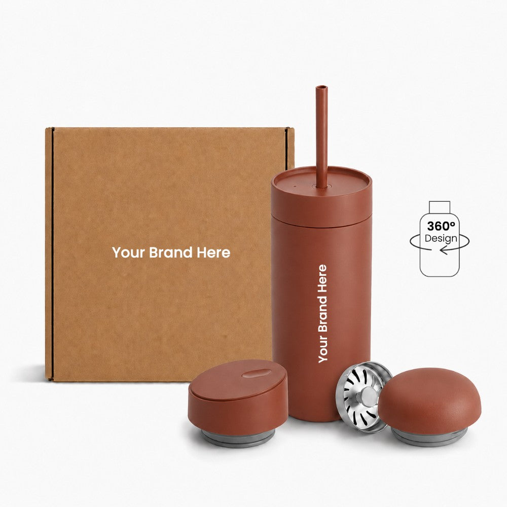Just Bottle all day tumbler 3 in 1 gift set with custom logo branding in rusty brown colour, front view with packaging behind on a white background and 360 wrap print icon