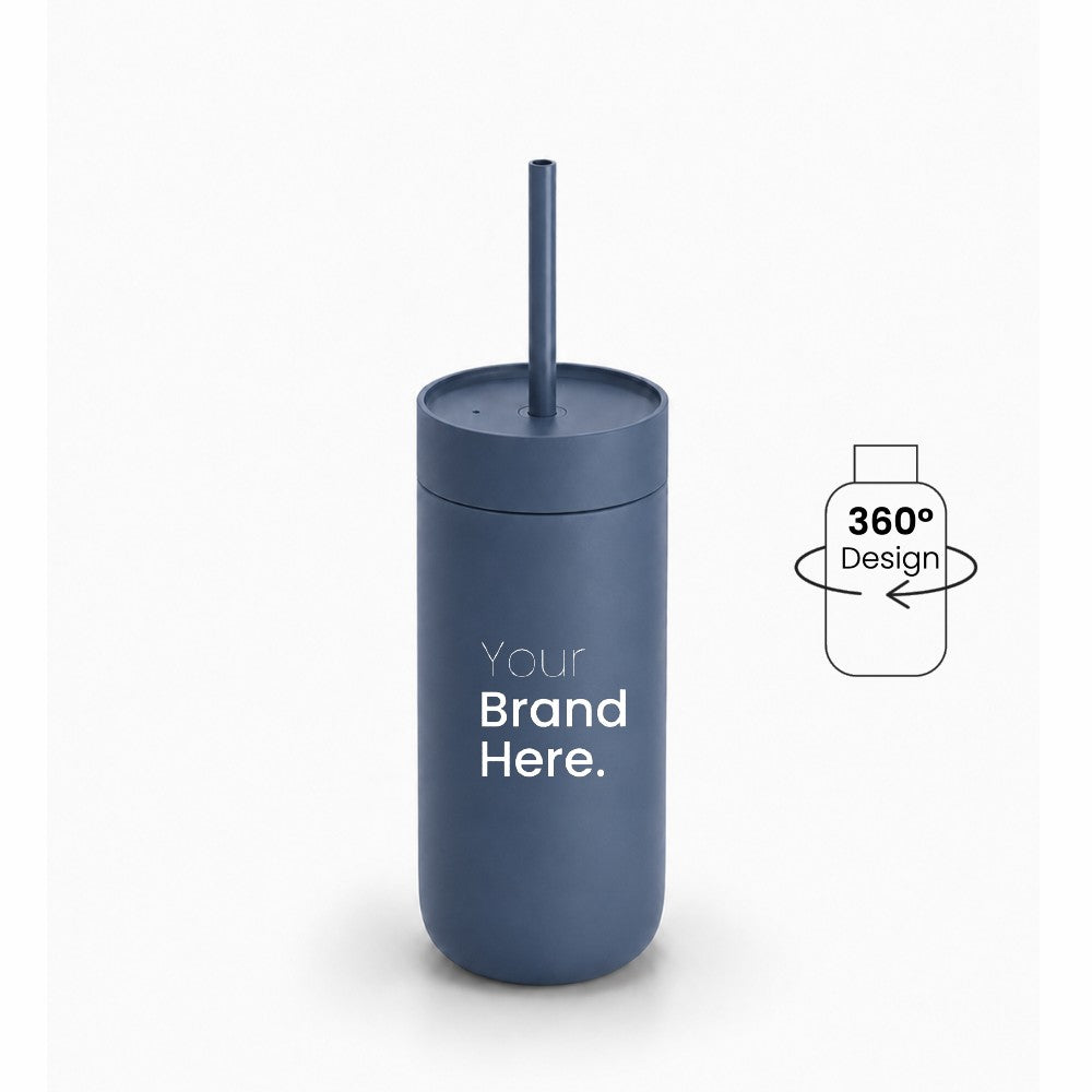 Dark blue 500ml 16oz Custom logo  "Your brand here" stainless steel tumbler with straw, front view on a white background