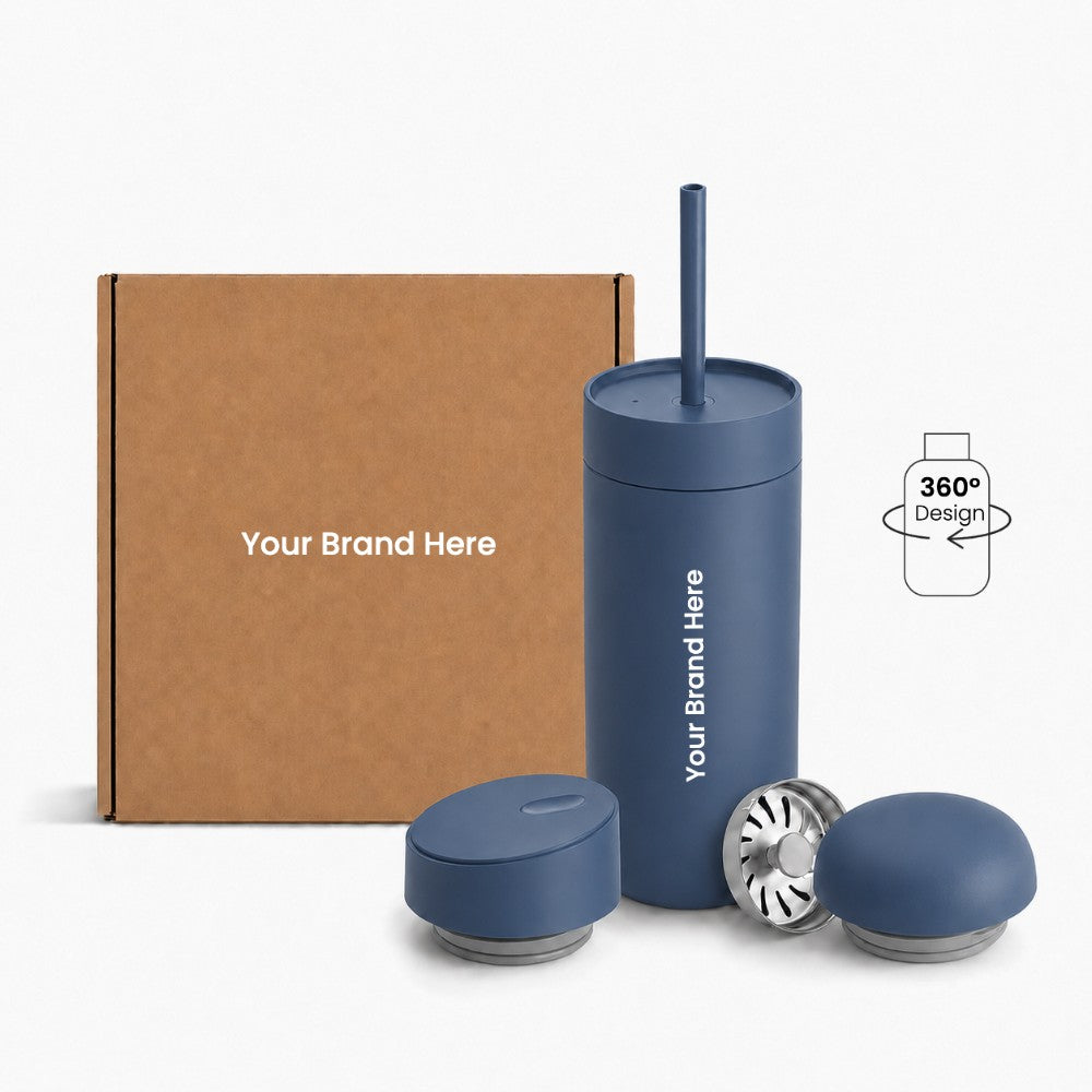 Just Bottle all day tumbler 3 in 1 gift set with custom logo branding in dark blue colour, front view with packaging behind on a white background and 360 wrap print icon