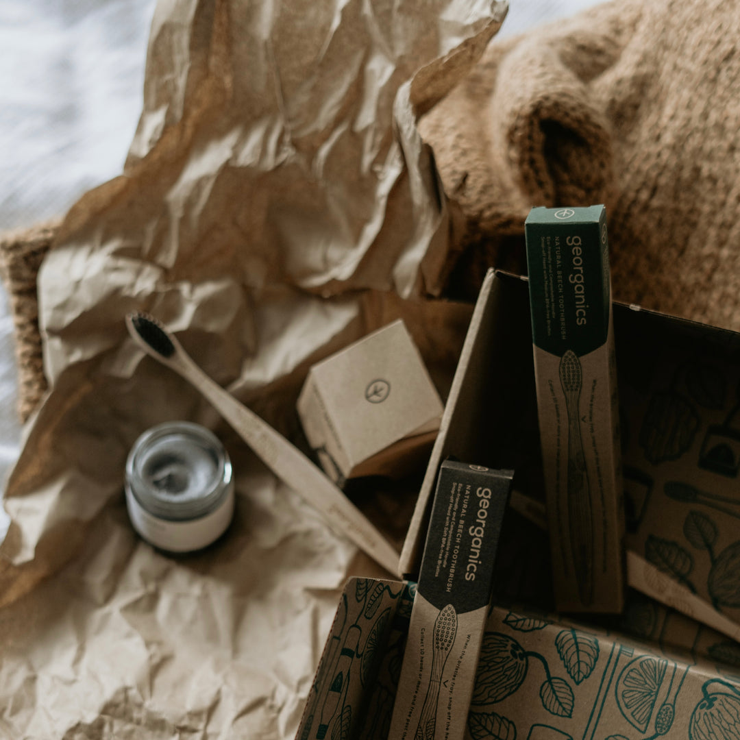 brown box eco packaging and tooth brush