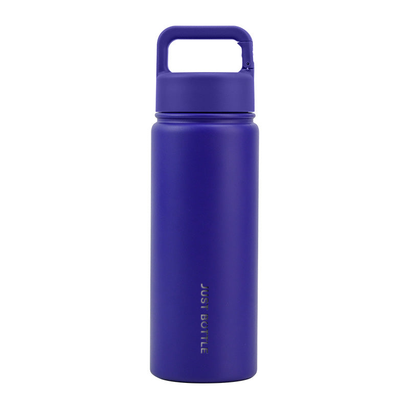 Metal water bottle with company logo and carabiner clip lid in bright purple - Just Bottle Clipper 550ml / 18 oz