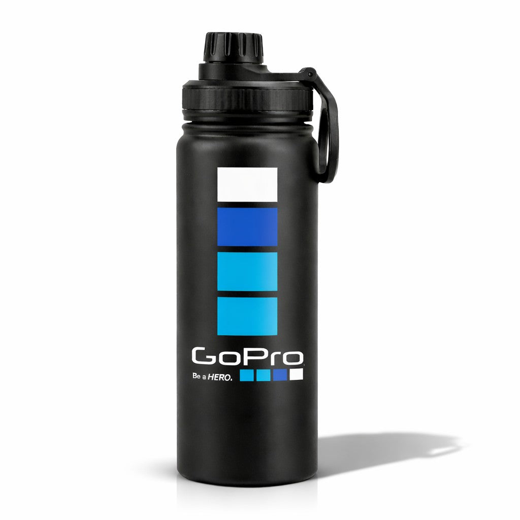 Black custom dual lid water bottle with GoPro logo