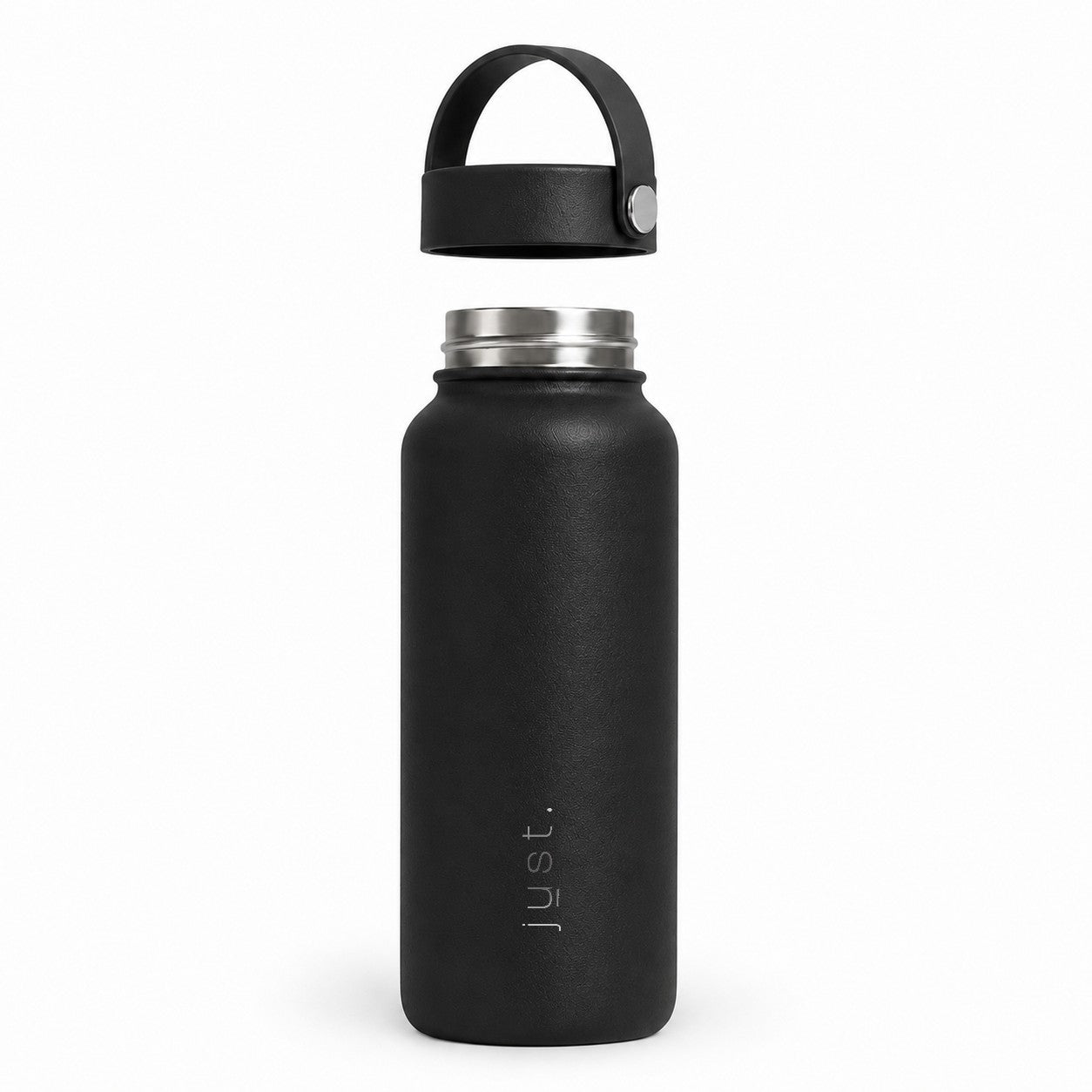 Black 1L 34oz stainless steel water bottle from Just Bottle with lid above the bottle