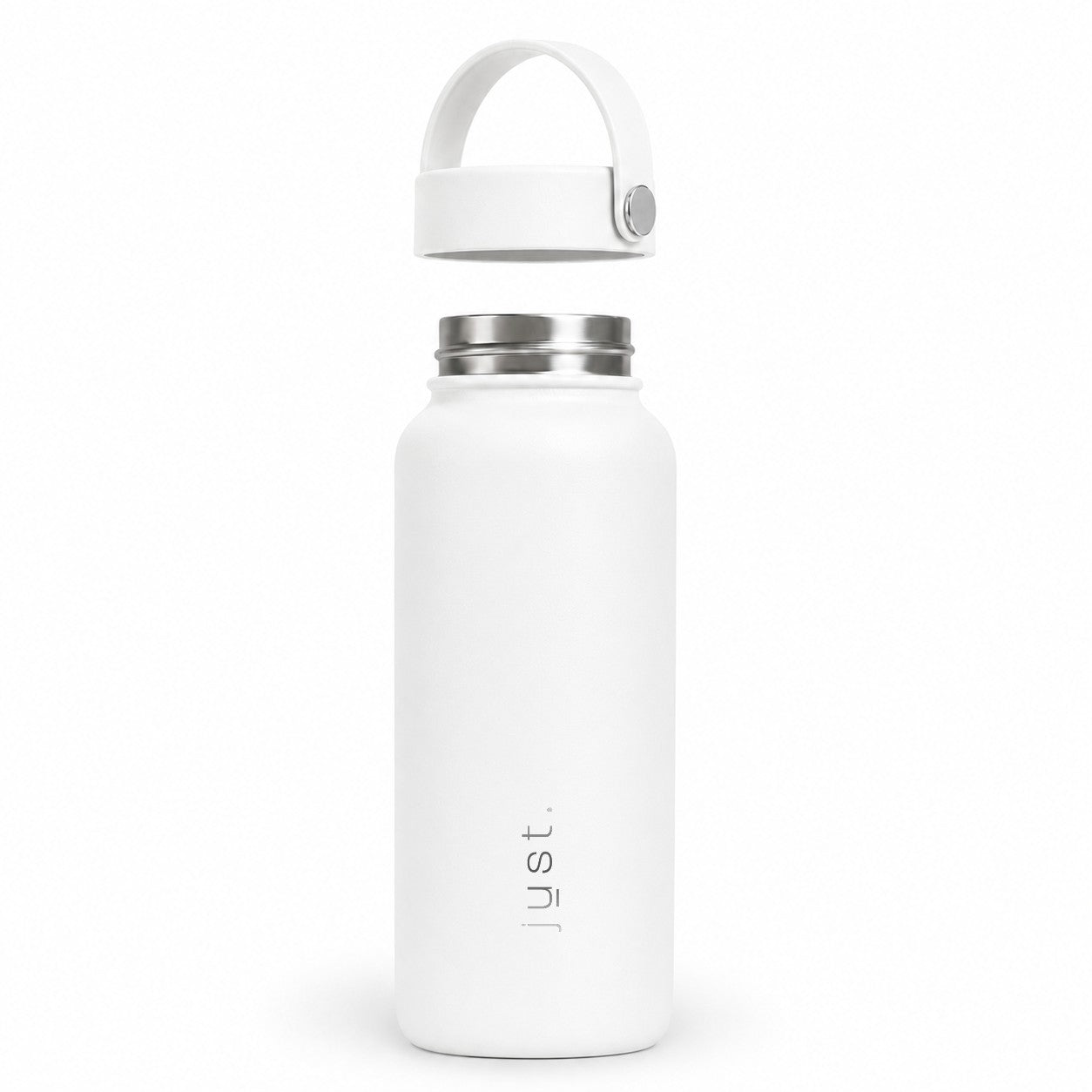 White 1L 34oz stainless steel water bottle from Just Bottle with lid above the bottle