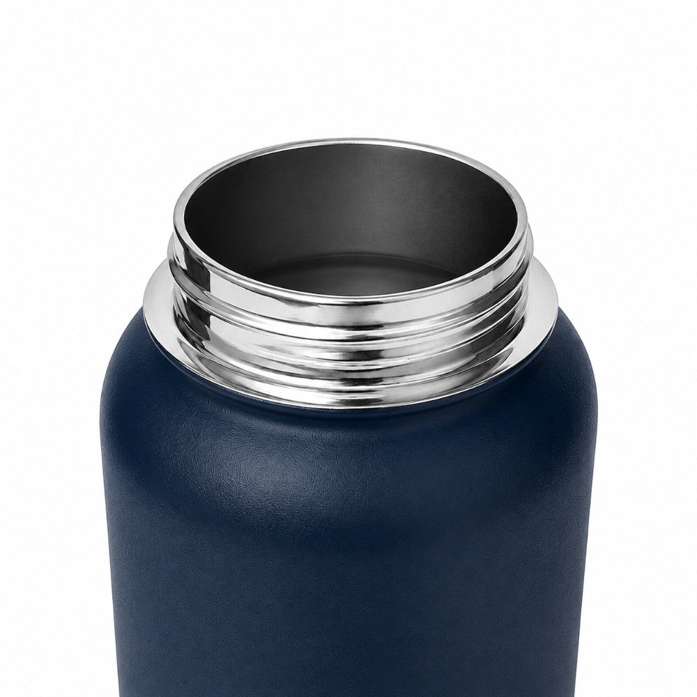 Close up of neck of stainless steel 1 litre leakproof water bottle in dark blue