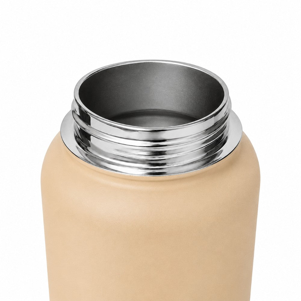 Close up of neck of stainless steel 1 litre leakproof water bottle in beige