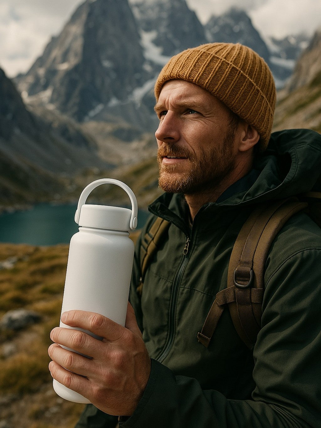 Man holding a white  1 litre 34 oz stainless steel water bottle with mountains and a lake in the background