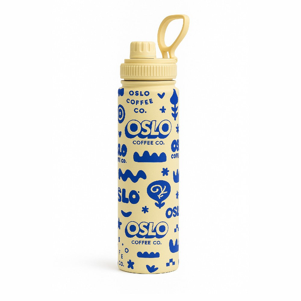 tall 25 oz 750ml reusable bottle with olso coffee co company logo on a white background