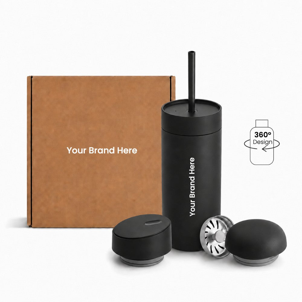 Just Bottle all day tumbler 3 in 1 gift set with custom logo branding in black colour, front view with packaging behind on a white background and 360 wrap print icon