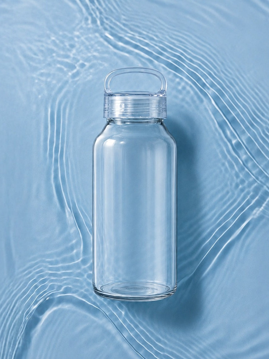 Just Bottle small 300ml 10oz glass water bottle on a textured blue background