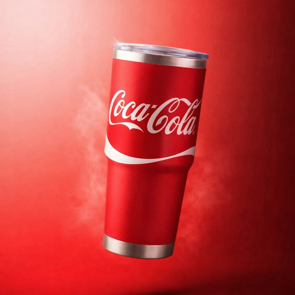 Custom Coca Cola Red travel tumbler on a red background