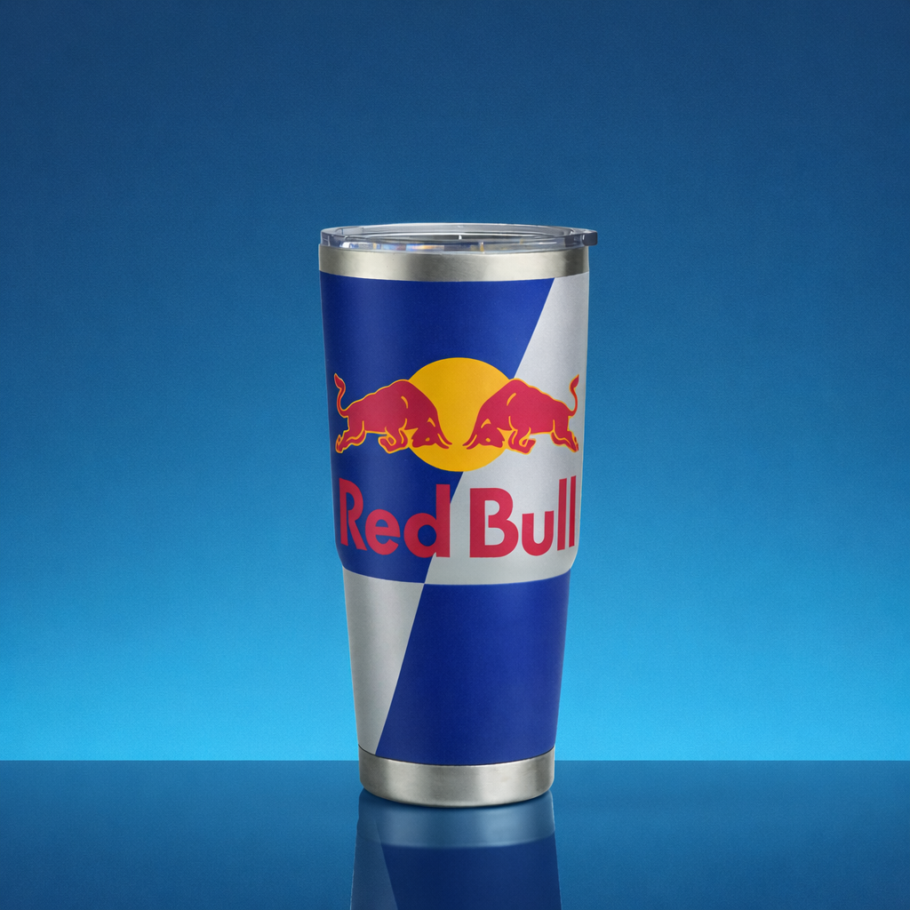 Red Bull custom travel tumbler on a blue background from Just Bottle with wrap around printing