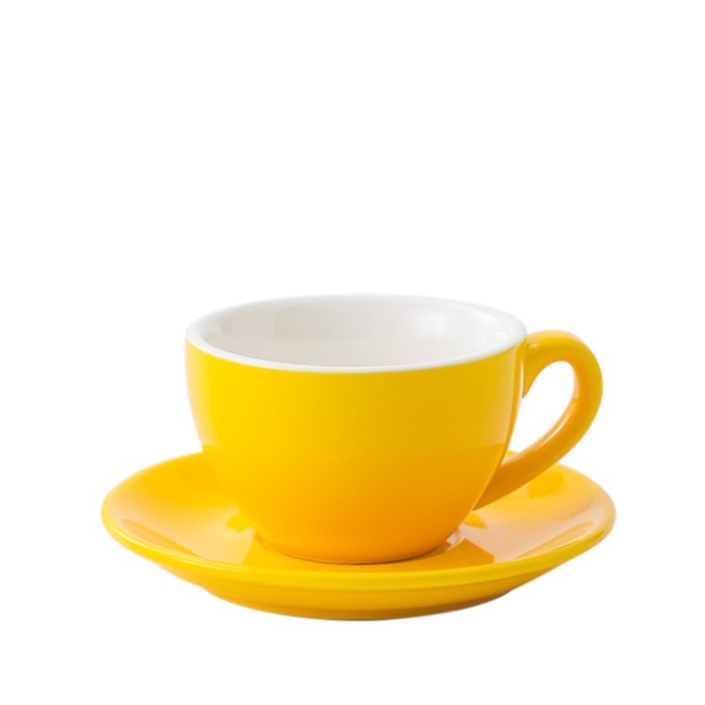 Yellow wholesale porcelain 350ml cafe cup on white background