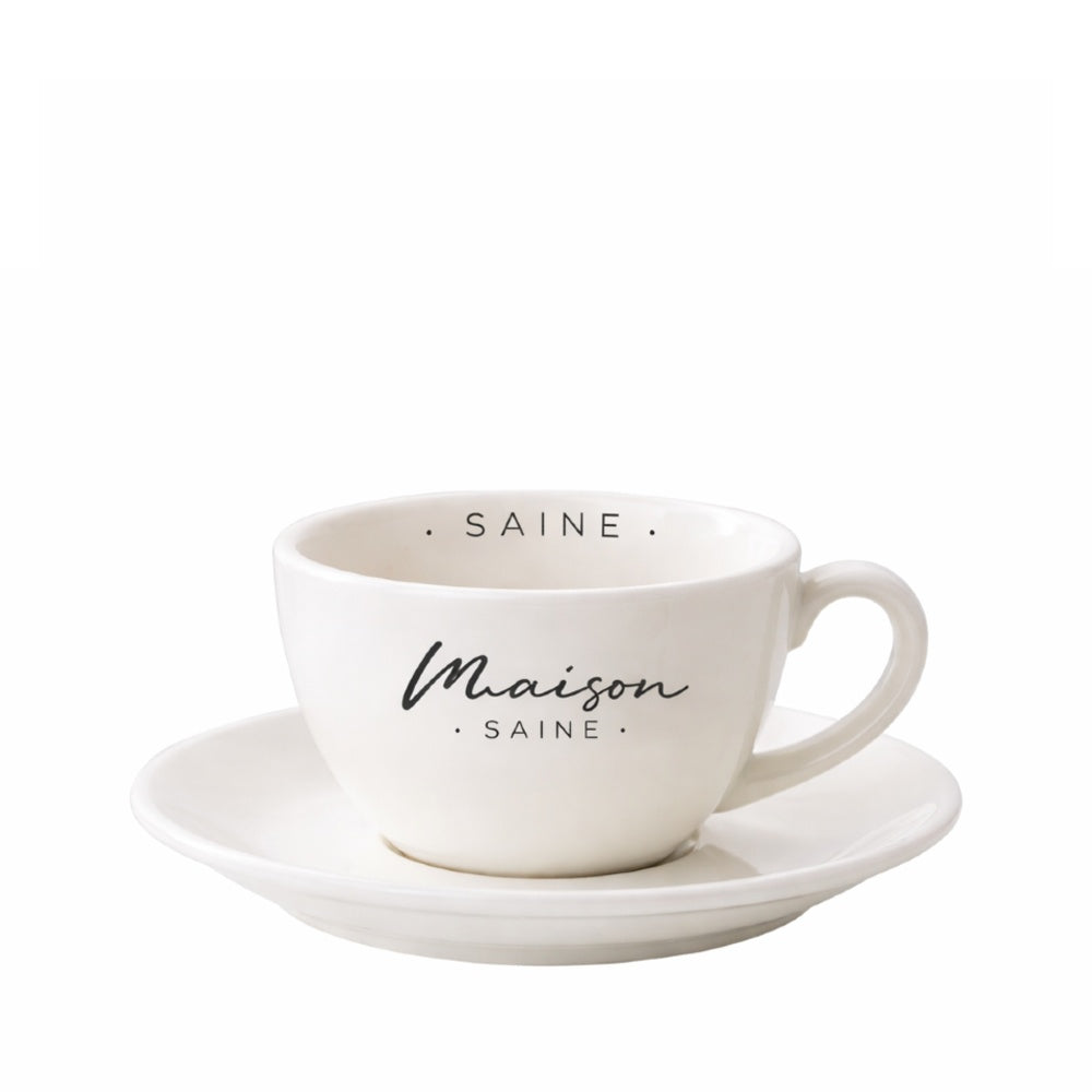 White 350ml cafe cup with custom logo on the body and inside rim of the cup