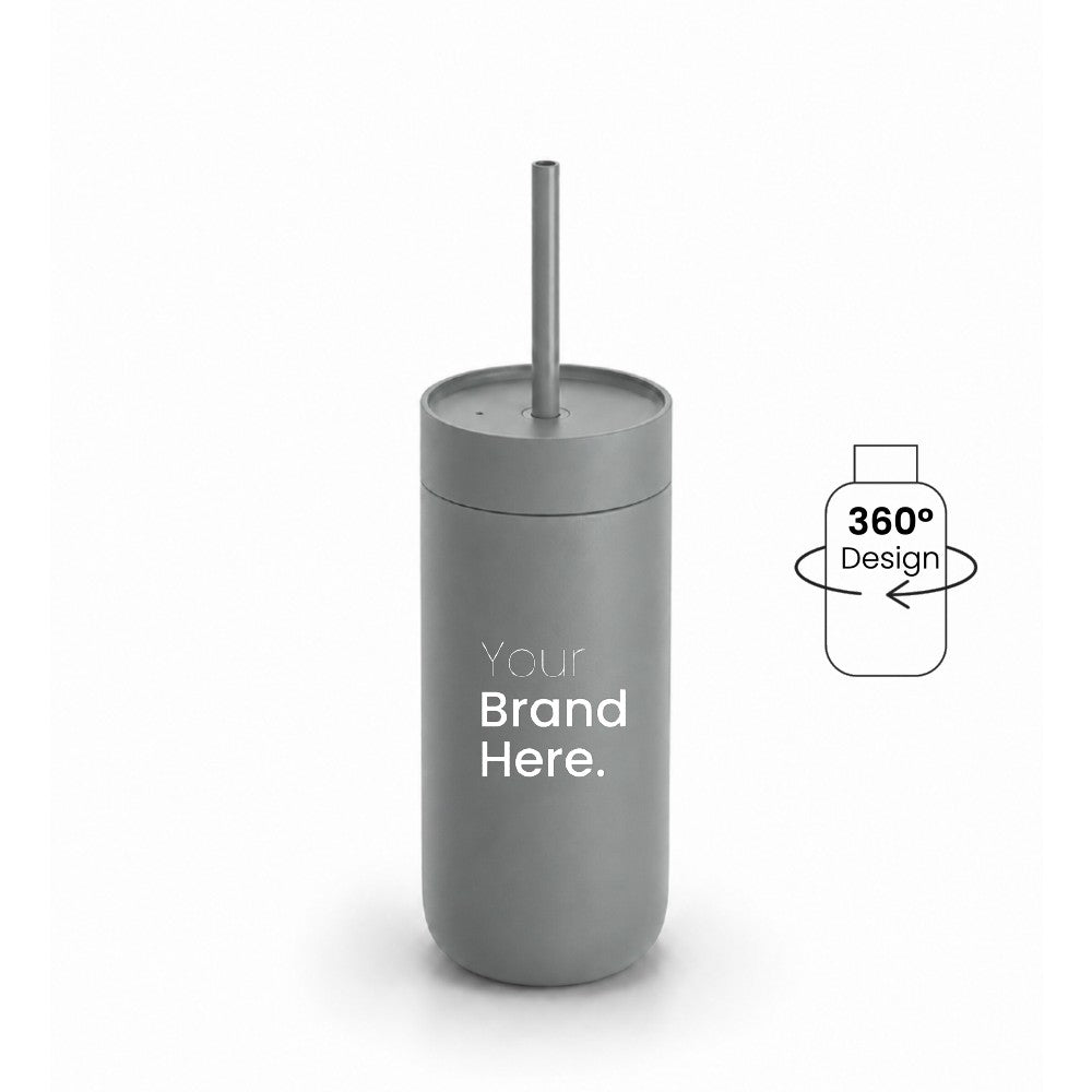 Gray 500ml 16oz Custom logo  "Your brand here" stainless steel tumbler with straw, front view on a white background