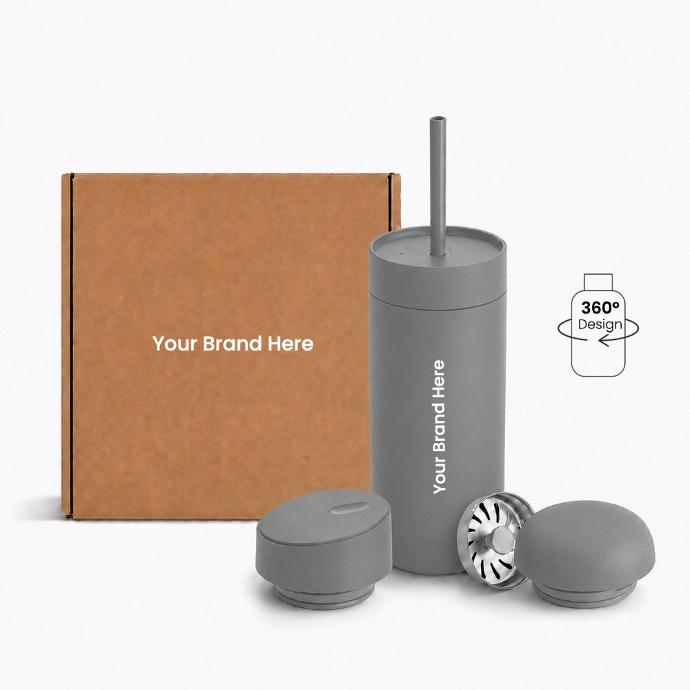 Just Bottle all day tumbler 3 in 1 gift set with custom logo branding in gray colour, front view with packaging behind on a white background and 360 wrap print icon