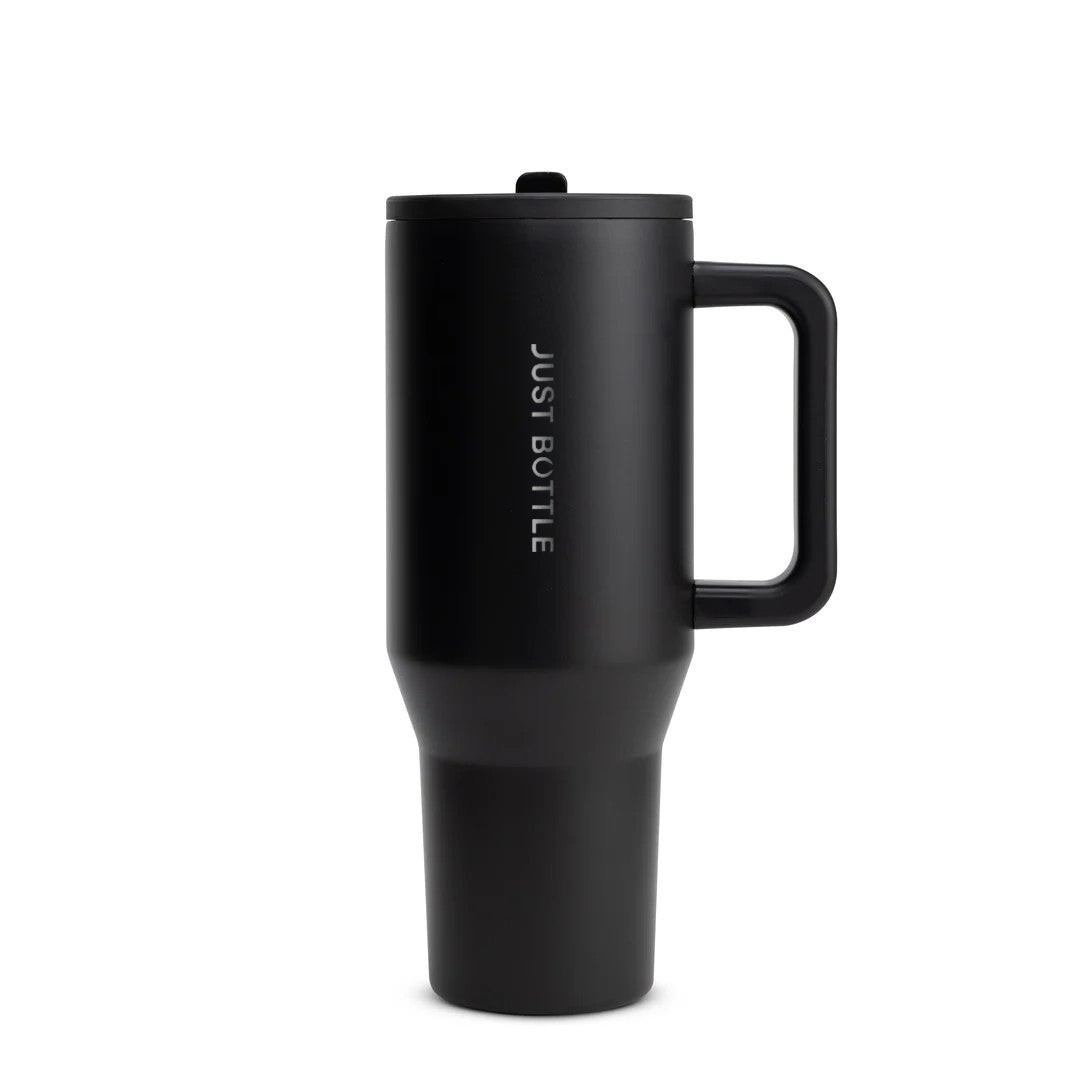40oz insulated tumbler with straw lid in black, front view
