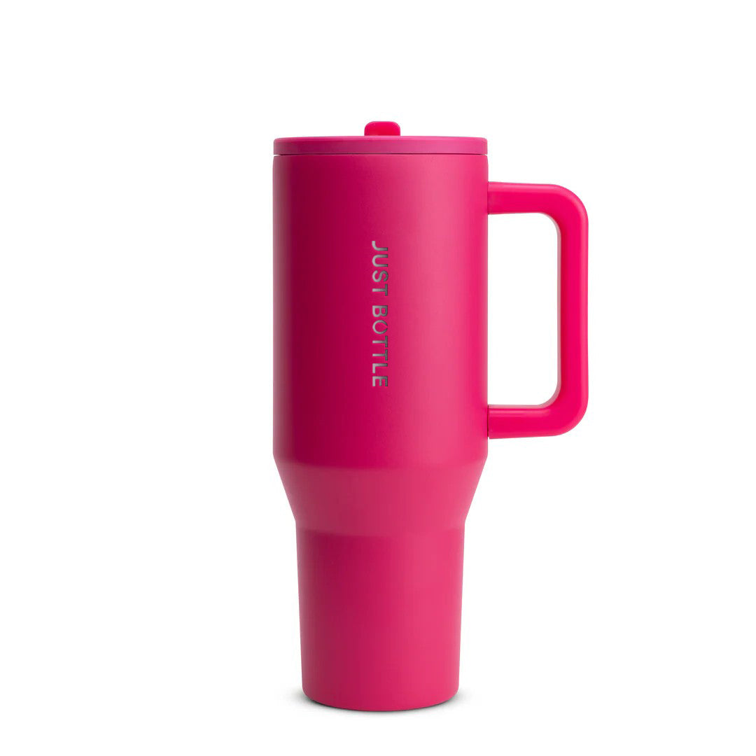 40oz insulated tumbler with straw lid in pink, front view
