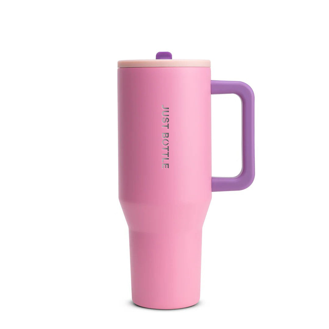 40oz insulated tumbler with straw lid in pink with purple handle, front view
