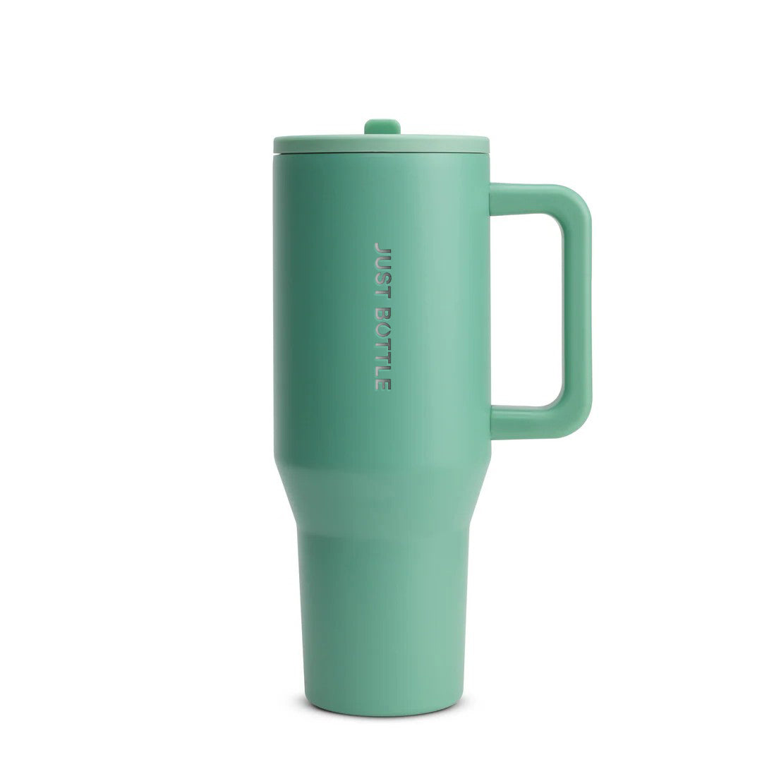 40oz insulated tumbler with straw lid in green, front view
