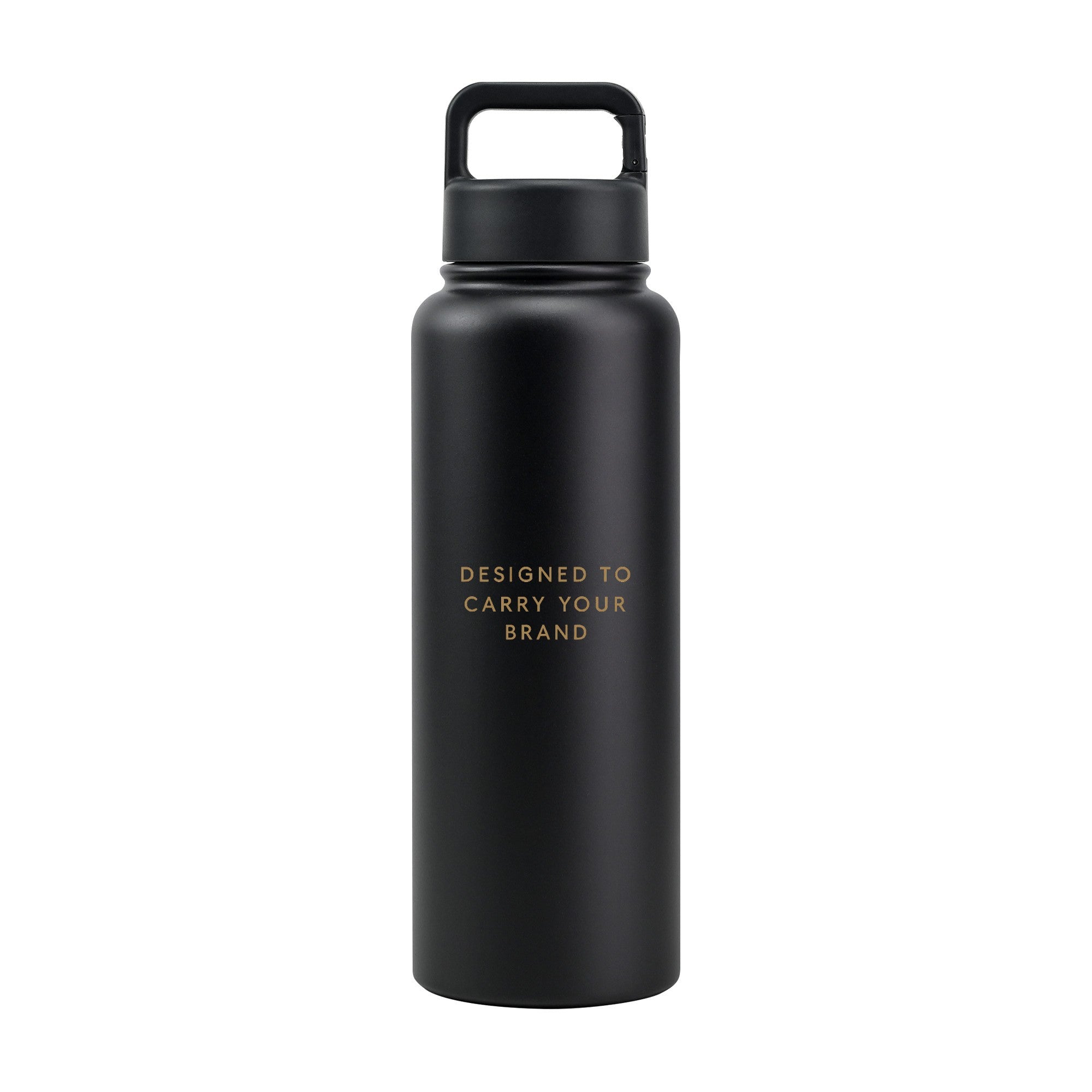 Black 1.2L (40oz) metal water bottle with custom logo and carabiner clip lid - Just Bottle Clipper Bottle