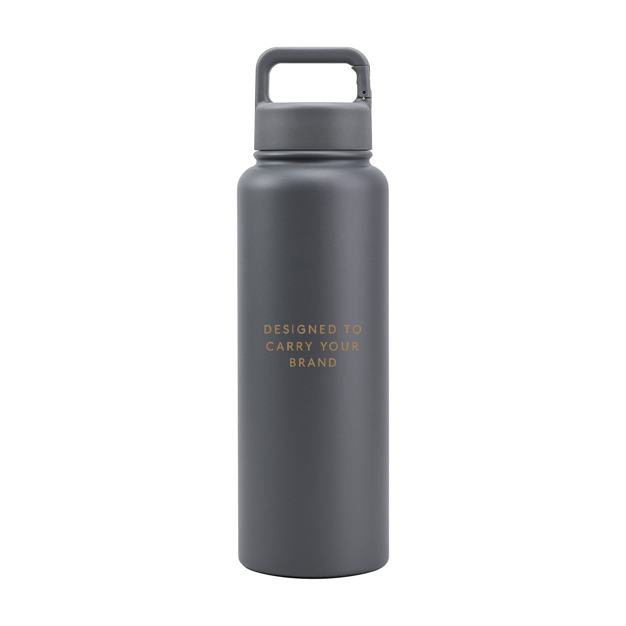 Grey 1.2L (40oz) metal water bottle with custom logo and carabiner clip lid - Just Bottle Clipper Bottle