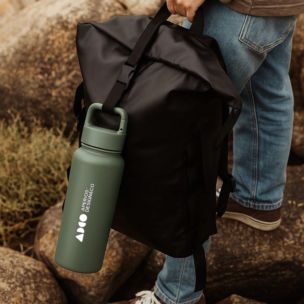 Person holding a black backpack with a green custom logo water bottle clip on featuring a brand logo, standing on rocks.