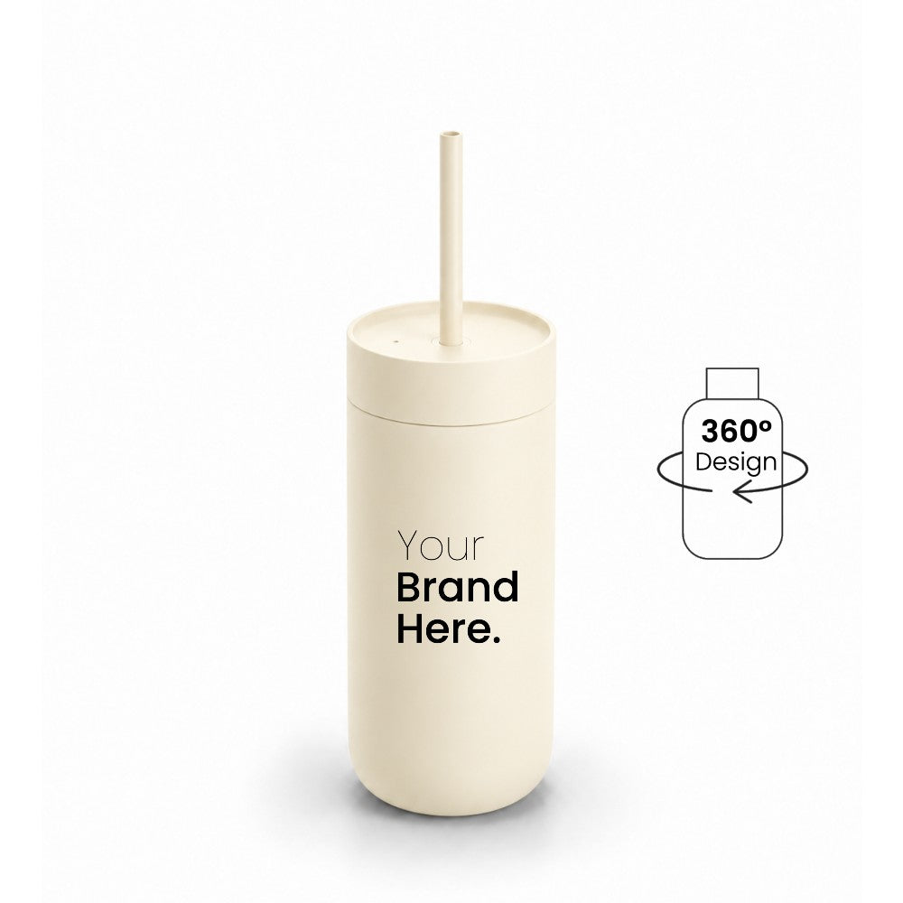 White 500ml 16oz Custom logo  "Your brand here" stainless steel tumbler with straw, front view on a white background