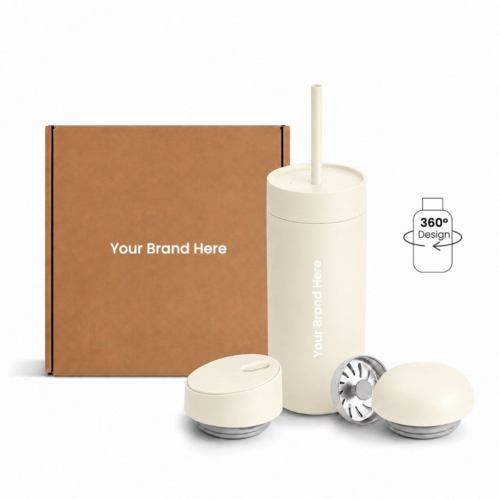 Just Bottle all day tumbler 3 in 1 gift set with custom logo branding in white colour, front view with packaging behind on a white background and 360 wrap print icon