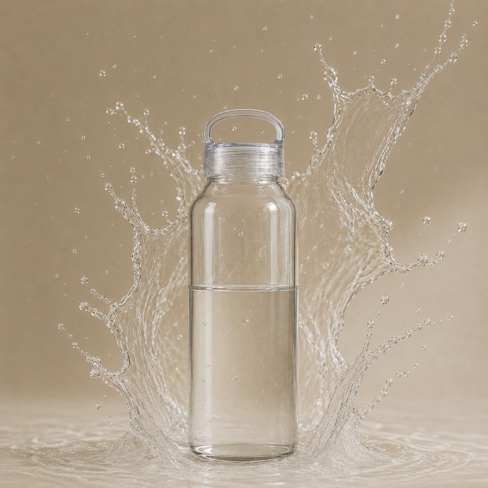 Clear borosilicate glass water bottle with water splashes on a beige background