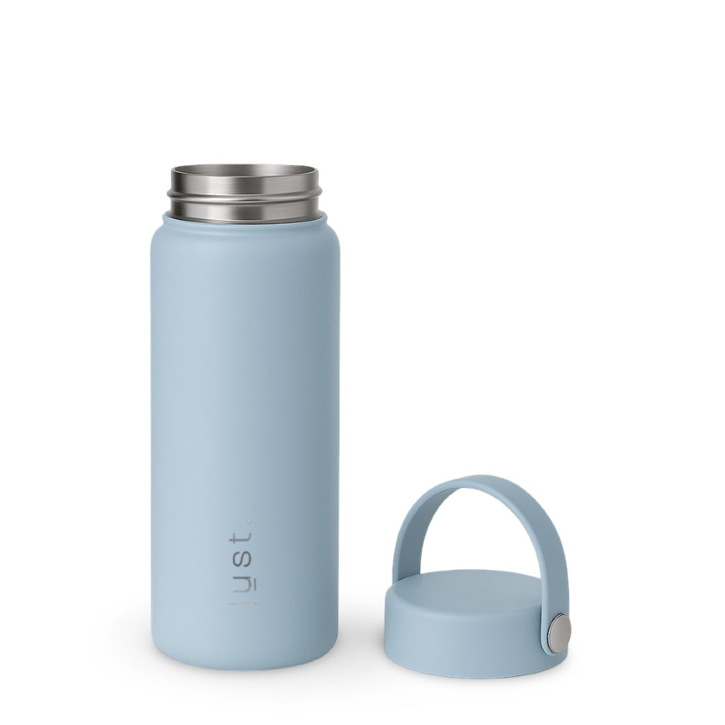 light blue water bottle next to lid with handle