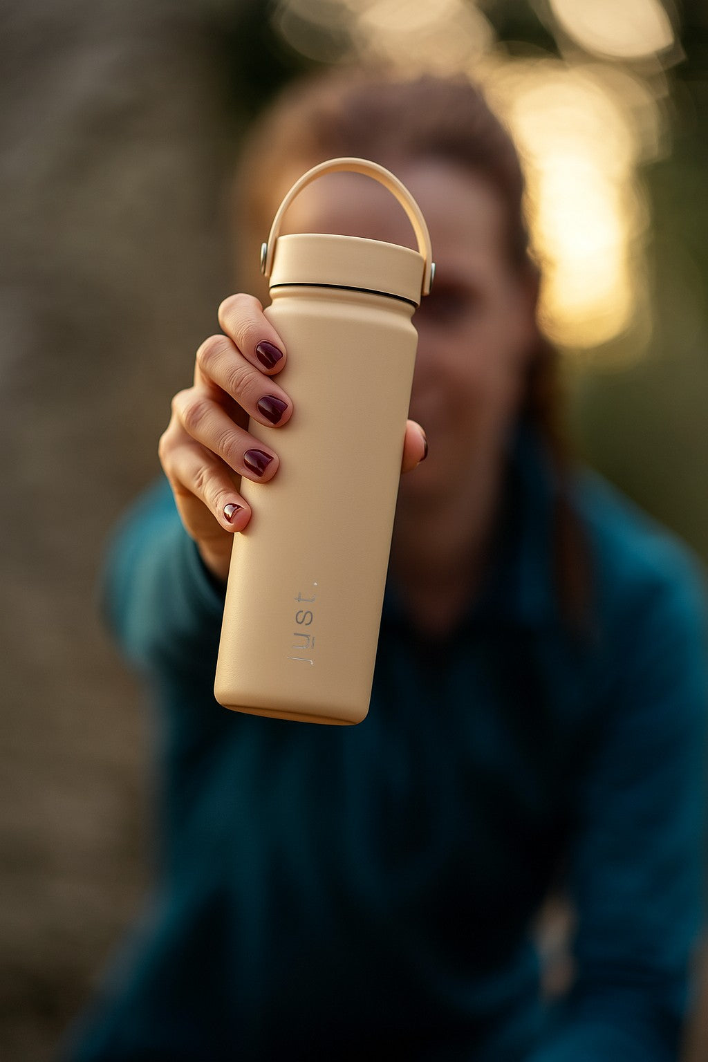 lady holding beige water bottle