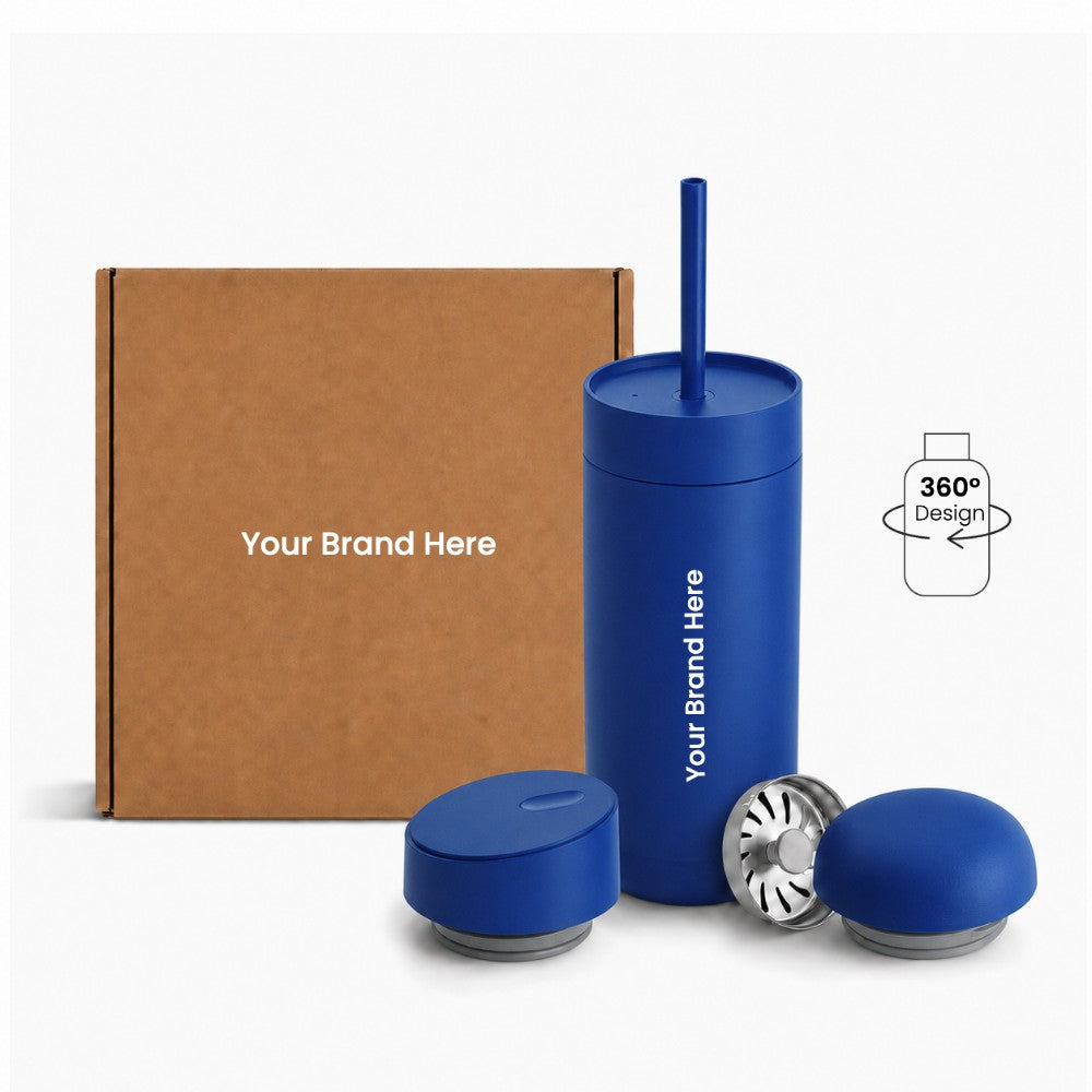 Just Bottle all day tumbler 3 in 1 gift set with custom logo branding in blue colour, front view with packaging behind on a white background and 360 wrap print icon