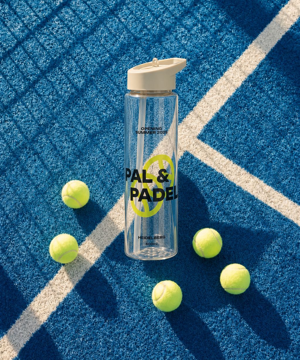 rpet plastic water bottle with straw lid and custom logo on a blue padel court with tennis balls around