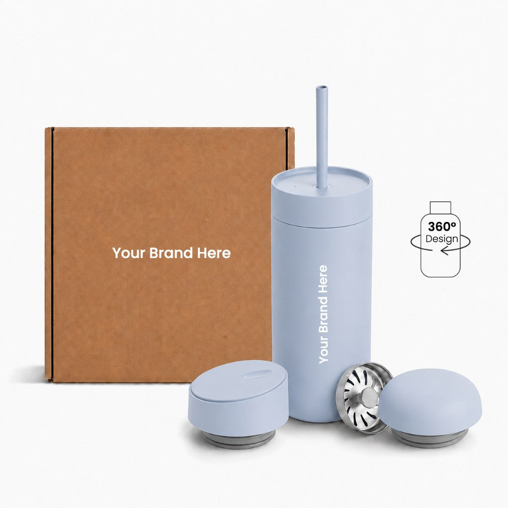 Just Bottle all day tumbler 3 in 1 gift set with custom logo branding in pale blue colour, front view with packaging behind on a white background and 360 wrap print icon