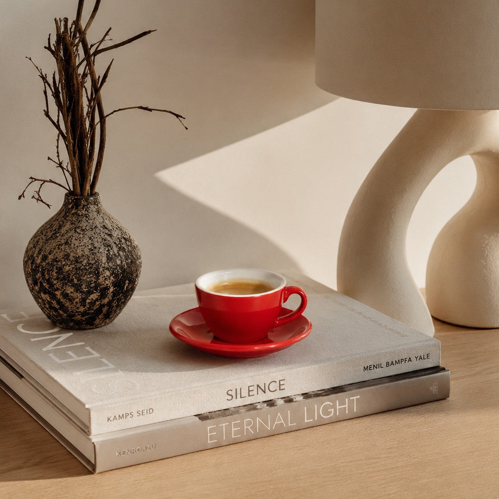 Porcelain espresso coffee cup and saucer sitting on a book - Just Bottle