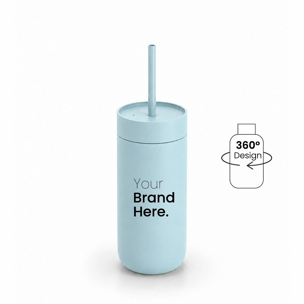 Aqua blue 500ml 16oz Custom logo  "Your brand here" stainless steel tumbler with straw, front view on a white background