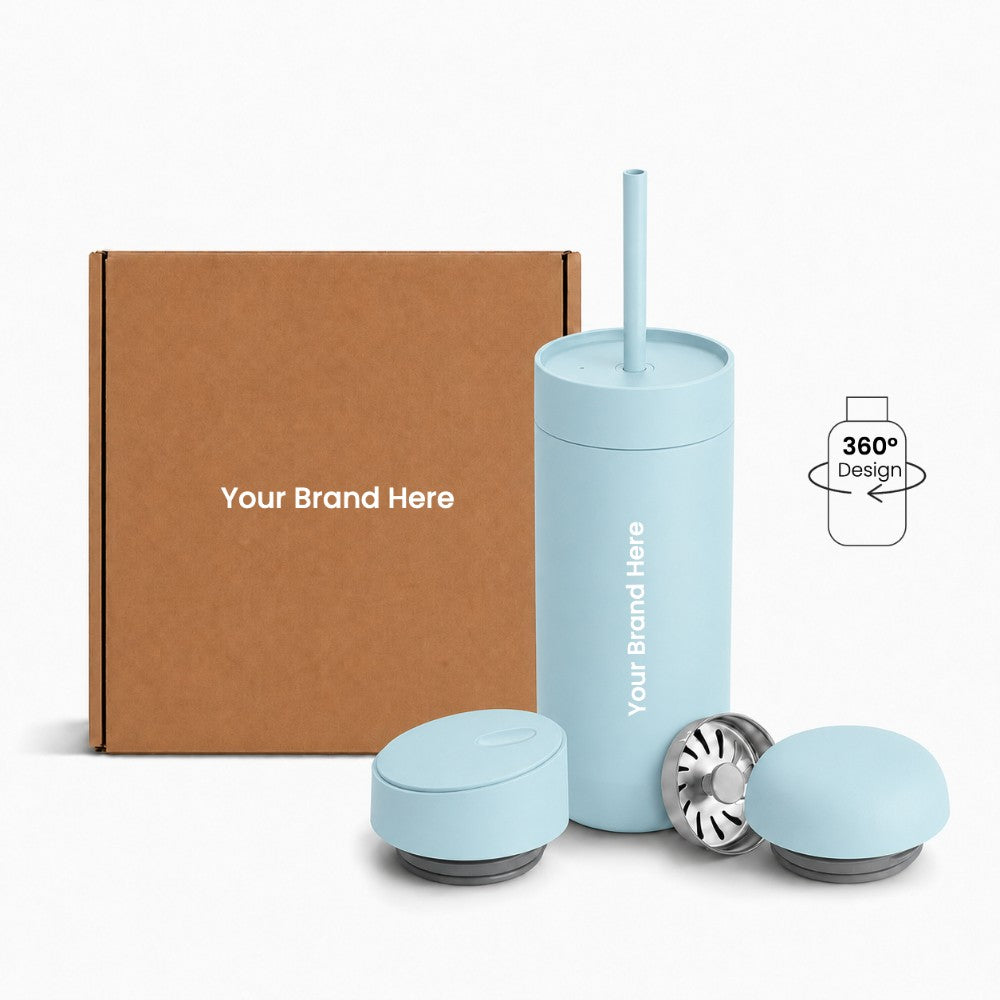 Just Bottle all day tumbler 3 in 1 gift set with custom logo branding in light blue colour, front view with packaging behind on a white background and 360 wrap print icon