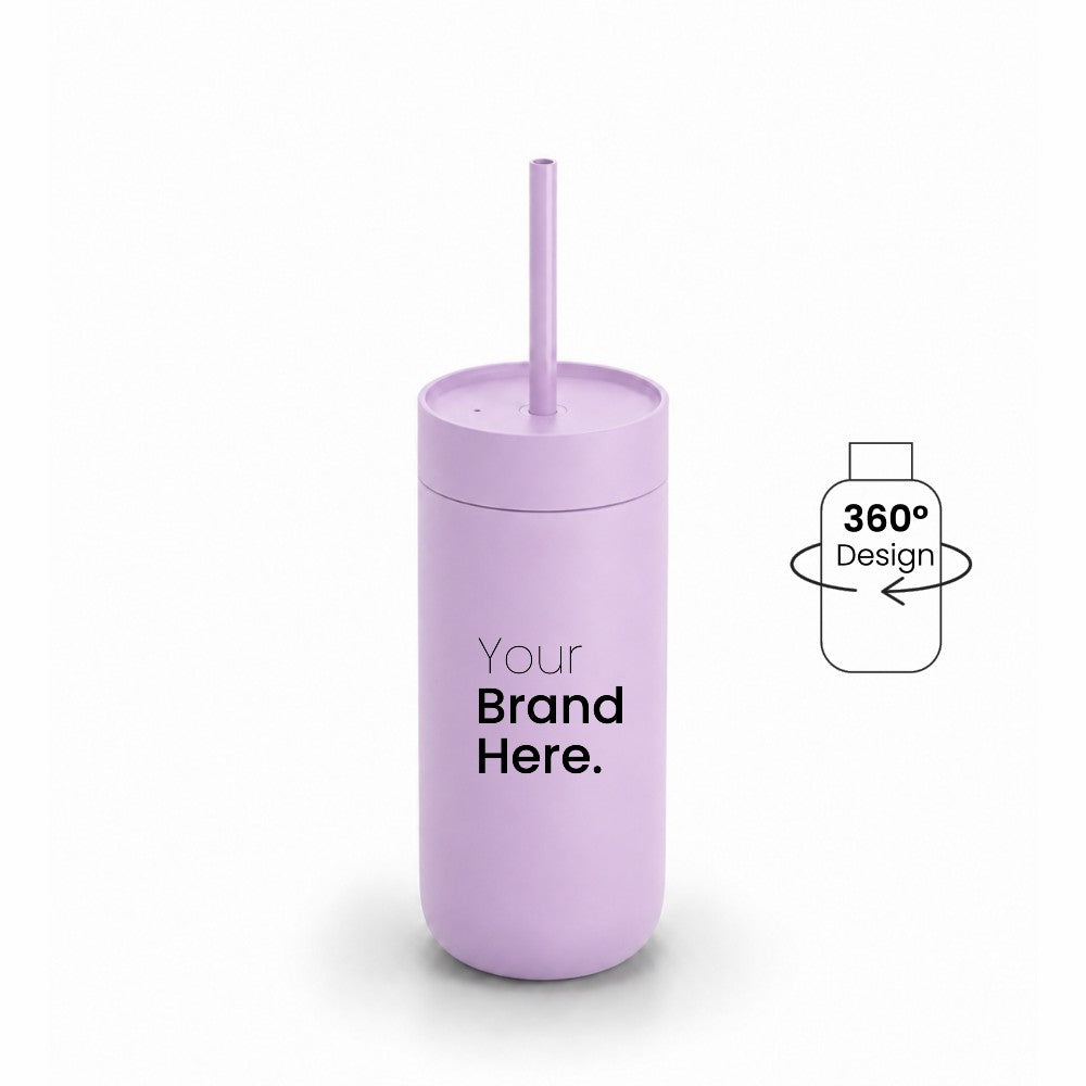 Purple 500ml 16oz Custom logo  "Your brand here" stainless steel tumbler with straw, front view on a white background